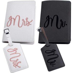 New Mr and mrs passport covers and luggage tags gift set，Honeymoon embroidery